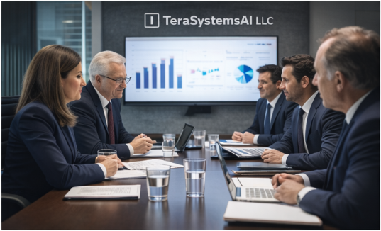 Enterprise boardroom discussing AI risk overview and operational status